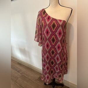 🎄Hello Miss  Abstract One Shoulder Pink Geo Pattern Dress SZ L